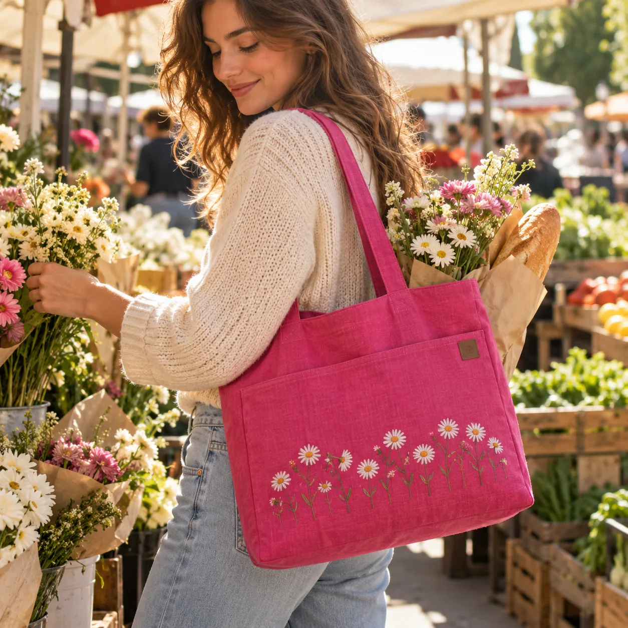 Pembe papatya nakışlı keten çanta ile pazar kombini