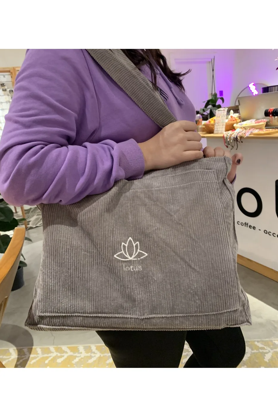 LTS Bag Nakışlı Fitilli Kadife Omuz Çantası - Gri