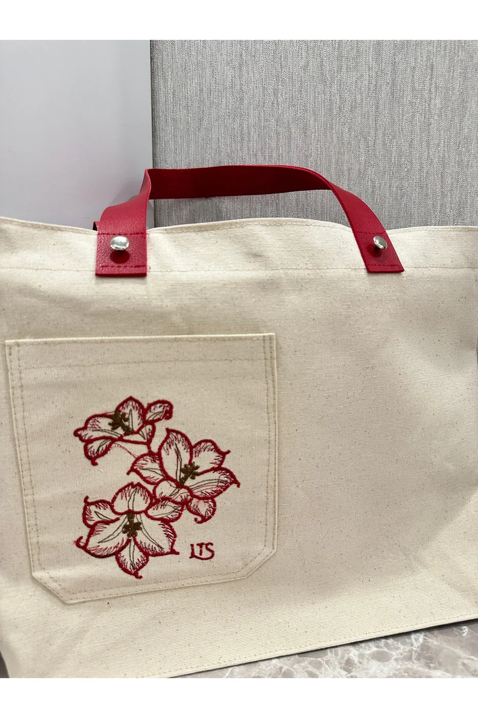LTS Bag Çiçek Nakışlı Deri Kulplu Keten Çanta - Krem Festival