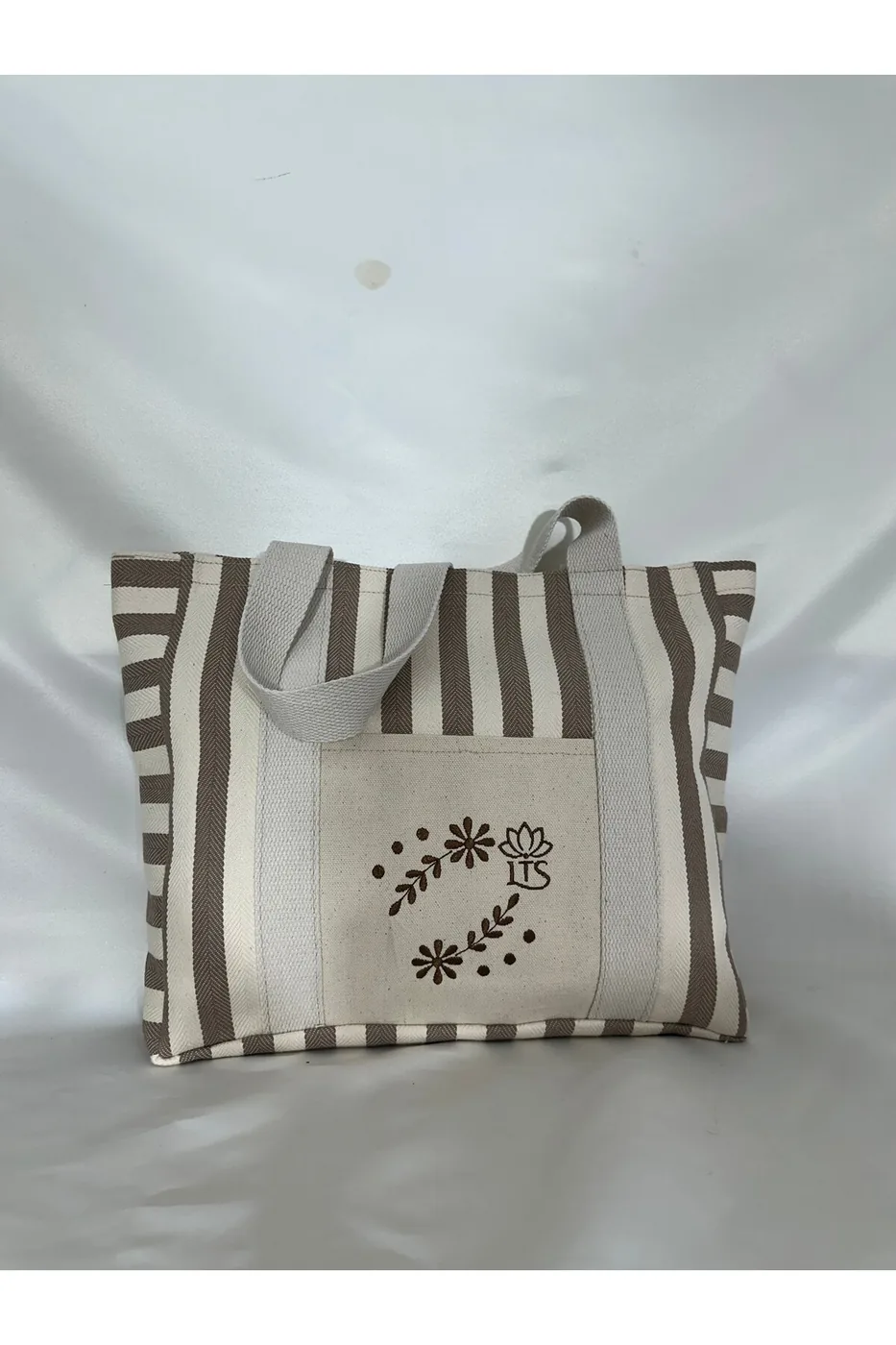 LTS Bag Çizgili Nakışlı Fermuarlı Keten Omuz Çantası - Kahve