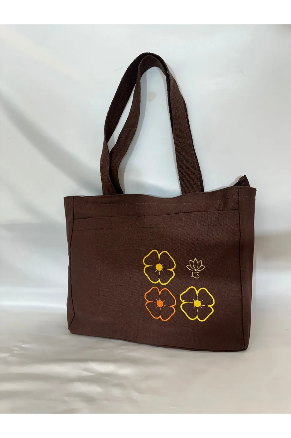 LTS Bag Çiçek Nakışlı Keten Omuz Çantası - Fermuarlı Kahve