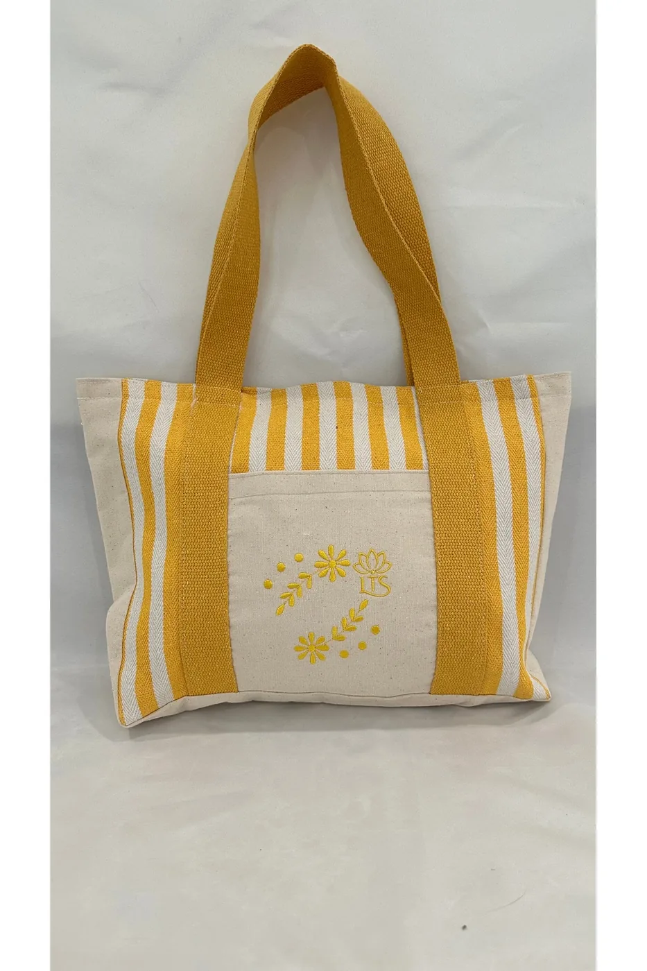 LTS Bag Çizgili Nakışlı Keten Omuz Çantası - Sarı Model