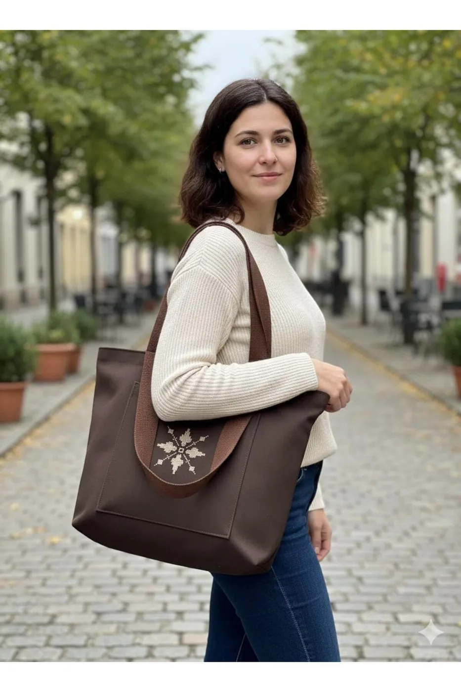 LTS Bag Suni Deri Kaneviçe Nakışlı Omuz Çantası - Kahverengi