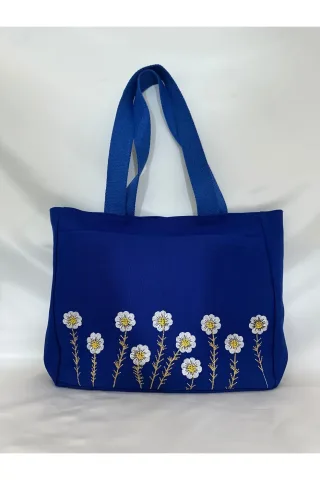 LTS Bag Papatya Nakışlı Keten Omuz Çantası - Fermuarlı Model 2