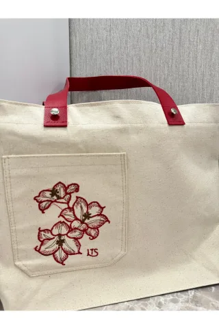 LTS Bag Çiçek Nakışlı Deri Kulplu Keten Çanta - Krem Festival