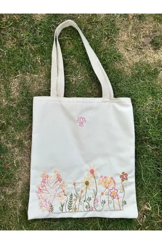 LTS Bag Festival Çiçek Nakışlı Deri Kulplu Keten Çanta - 40x30cm