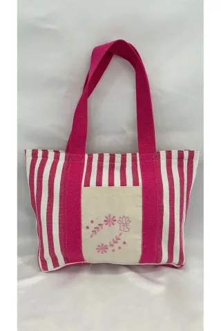LTS Bag Çizgili Nakışlı Keten Omuz Çantası - Pembe Model