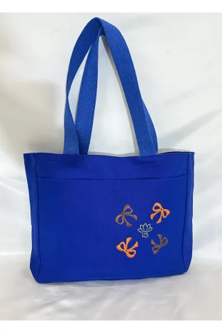 LTS Bag Çiçek Nakışlı Keten Omuz Çantası - Fermuarlı Mavi