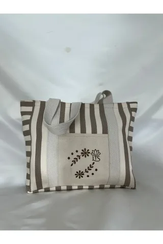 LTS Bag Çizgili Nakışlı Fermuarlı Keten Omuz Çantası - Kahve