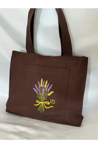 LTS Bag Çiçek Nakışlı Keten Omuz Çantası - Fermuarlı Kahve