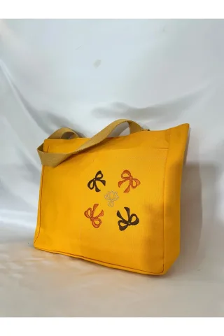 LTS Bag Fiyonklu Nakışlı Keten Omuz Çantası - Sarı Fermuarlı