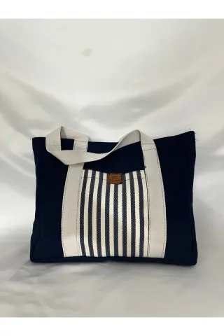 LTS Bag Lacivert Çizgili Fermuarlı Keten Omuz Çantası