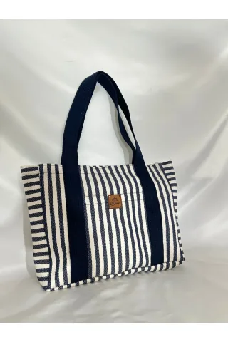 LTS Bag Çizgili Fermuarlı Keten Omuz Çantası - Modern Kulp