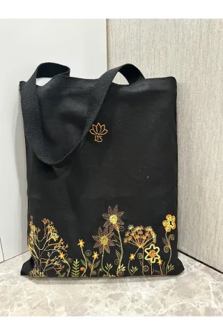 LTS Bag Çiçek Nakışlı Bez Çanta - Turuncu 40x30cm