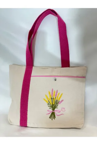 LTS Bag Nakışlı Keten Omuz Çantası - Fermuarlı Cepli Pembe