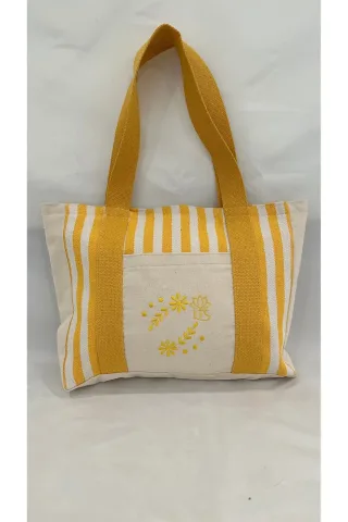LTS Bag Çizgili Nakışlı Keten Omuz Çantası - Sarı Model