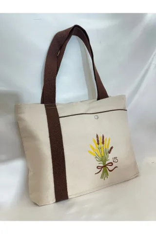 LTS Bag Nakışlı Keten Omuz Çantası - Fermuarlı Cepli Kahve