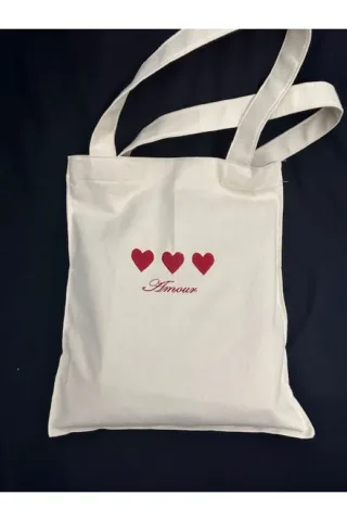 LTS Bag AMOUR Kalp Nakışlı Keten Omuz Çantası