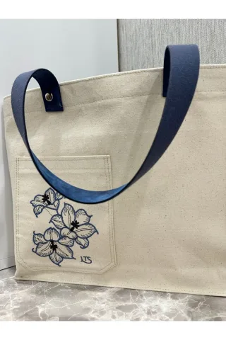 LTS Bag Çiçek Nakışlı Deri Kulplu Keten Çanta - Mavi Festival