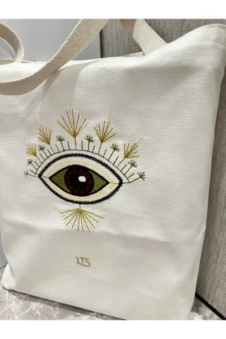 LTS Bag Çiçek Nakışlı Bez Çanta - Ekru 40x32cm